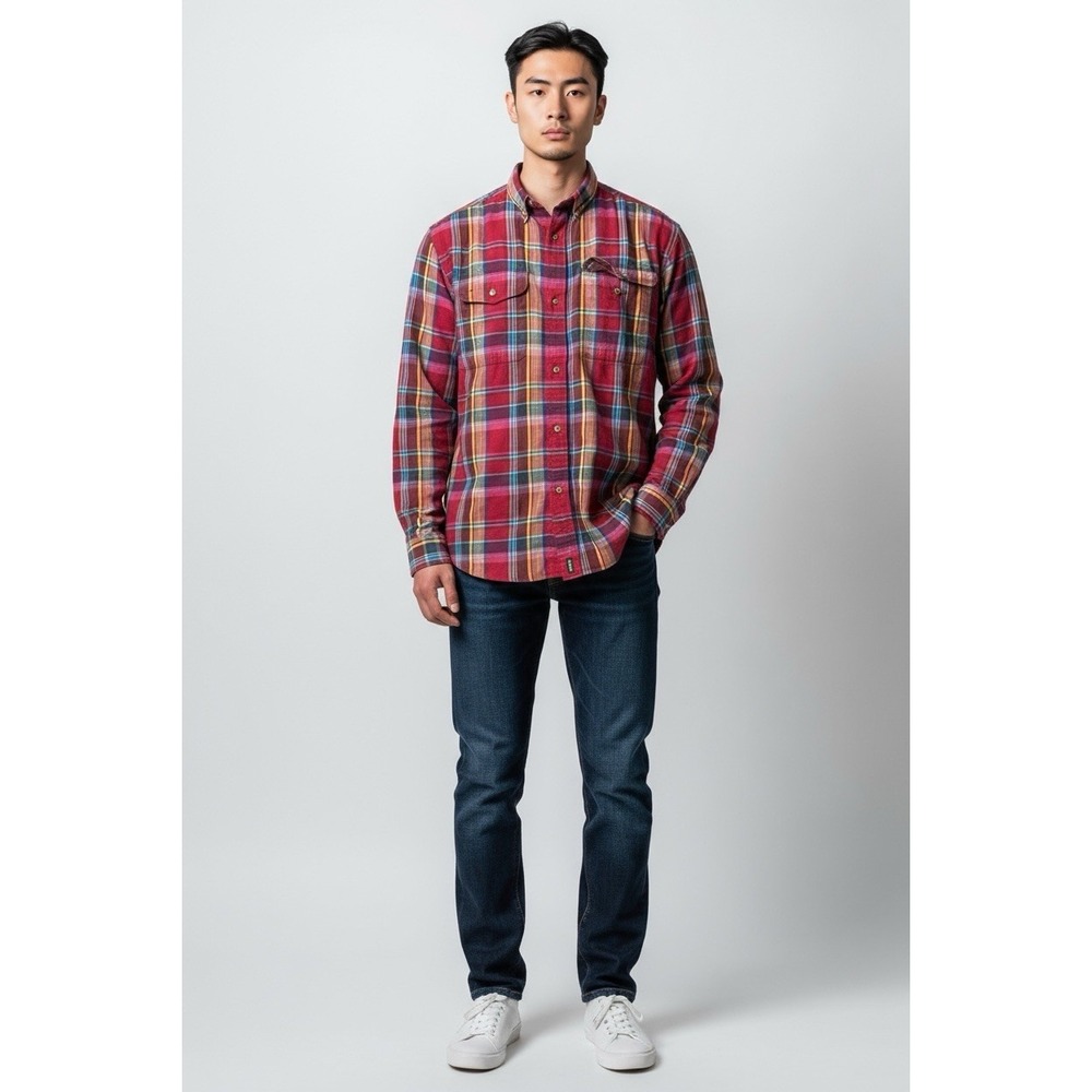 VTG IZOD Shirt Mens L 100% Cotton Plaid Button Down Made in Hong Kong 90s Preppy